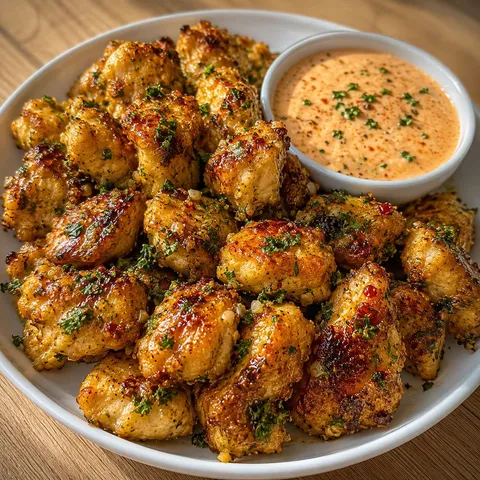 Cowboy butter chicken bites with parsley and Cajun creamy dipping sauce