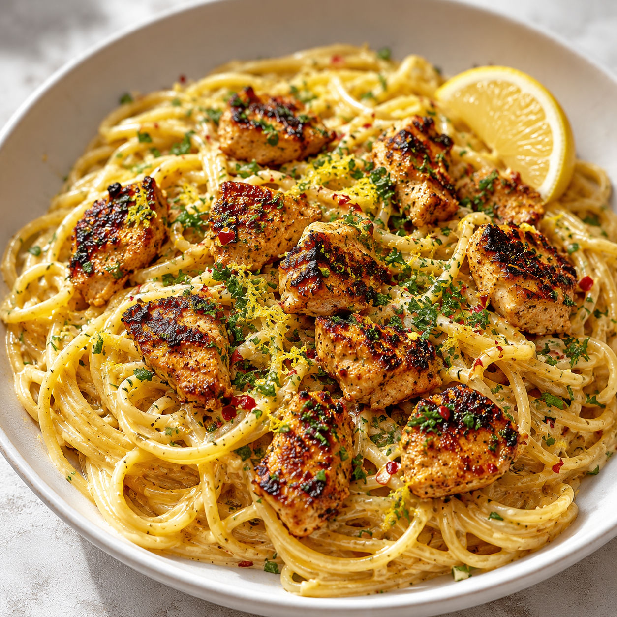 Cowboy butter chicken linguine with herbs and lemon in a shallow bowl