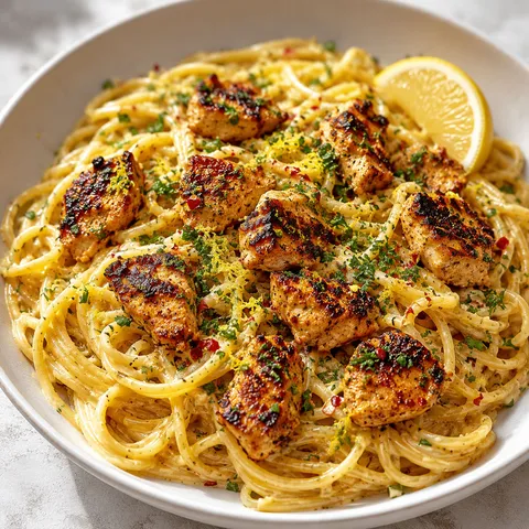 Cowboy butter chicken linguine with herbs and lemon in a shallow bowl
