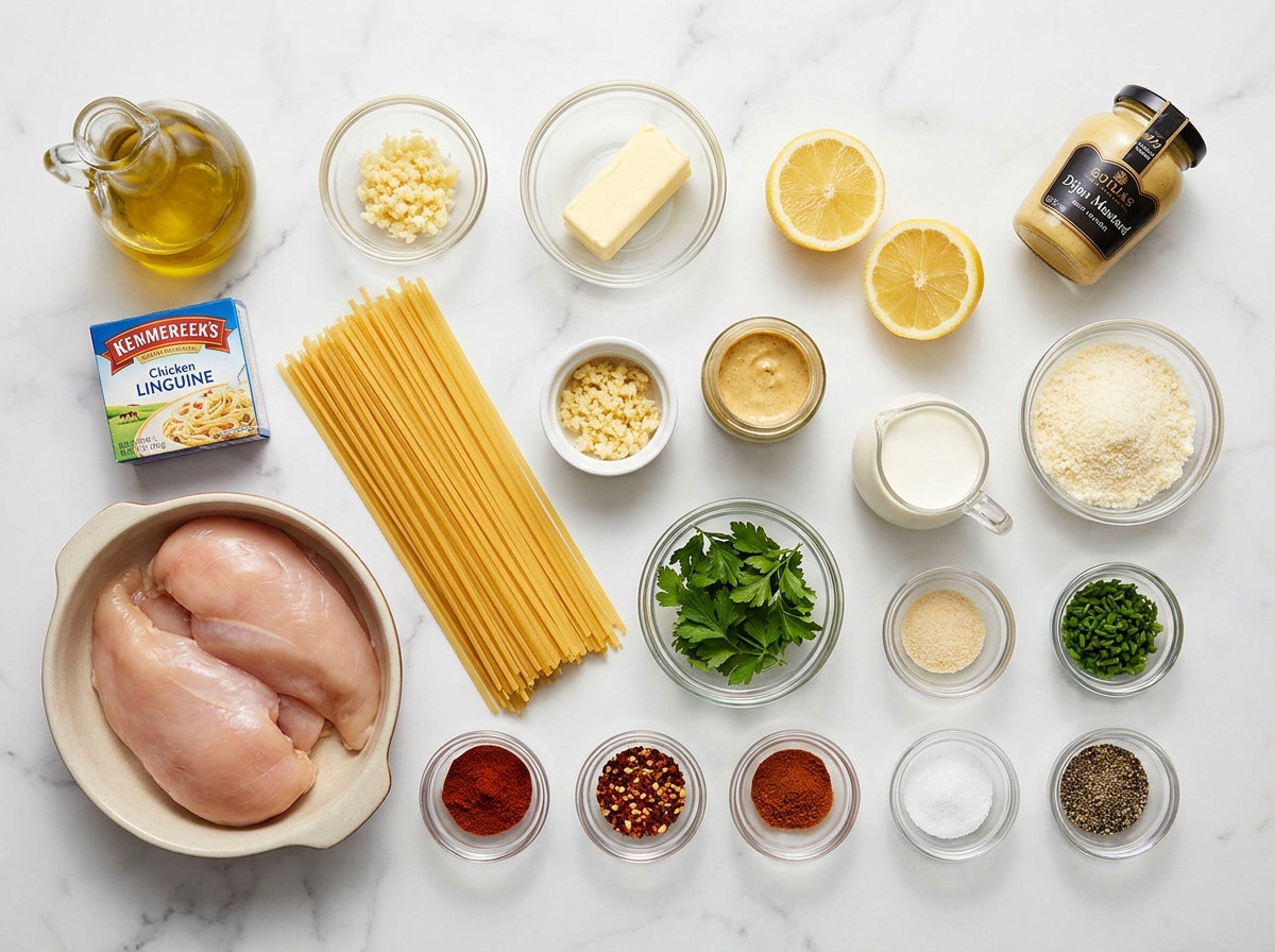 Ingredients for cowboy butter chicken linguine with lemon herbs and cream