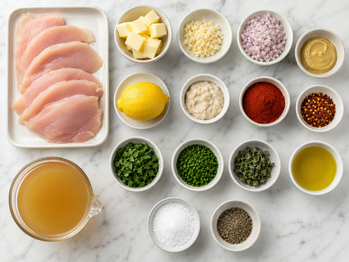 Raw ingredients for Cowboy Butter Chicken with herbs, butter, garlic, and lemon