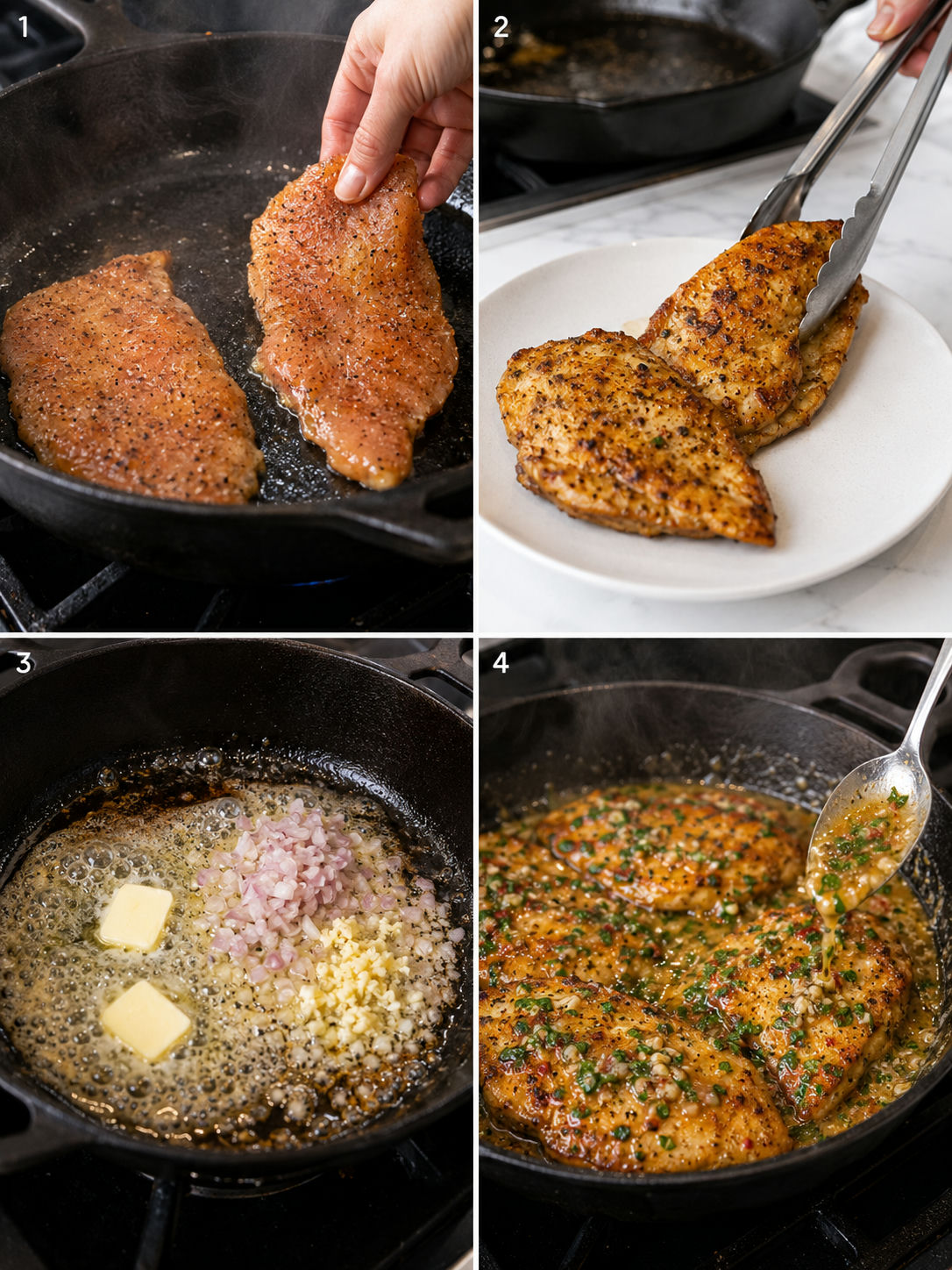 Four cooking steps for Cowboy Butter Chicken in a skillet