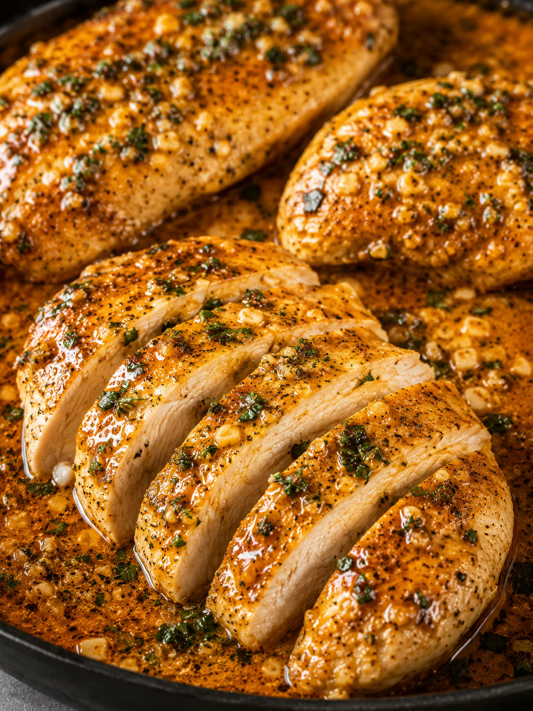 Sliced Cowboy Butter Chicken with glossy garlic herb butter sauce