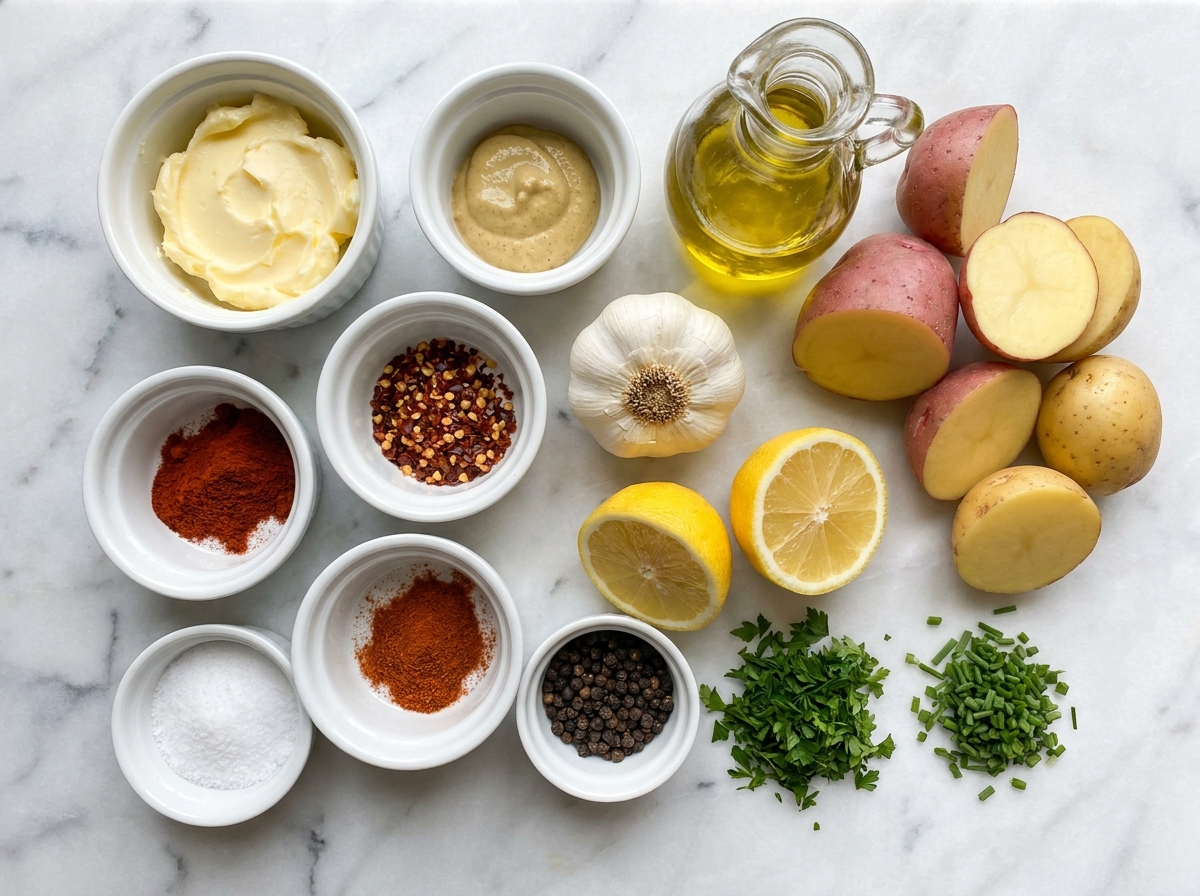 Ingredients for cowboy butter potatoes with garlic, herbs, lemon, and butter