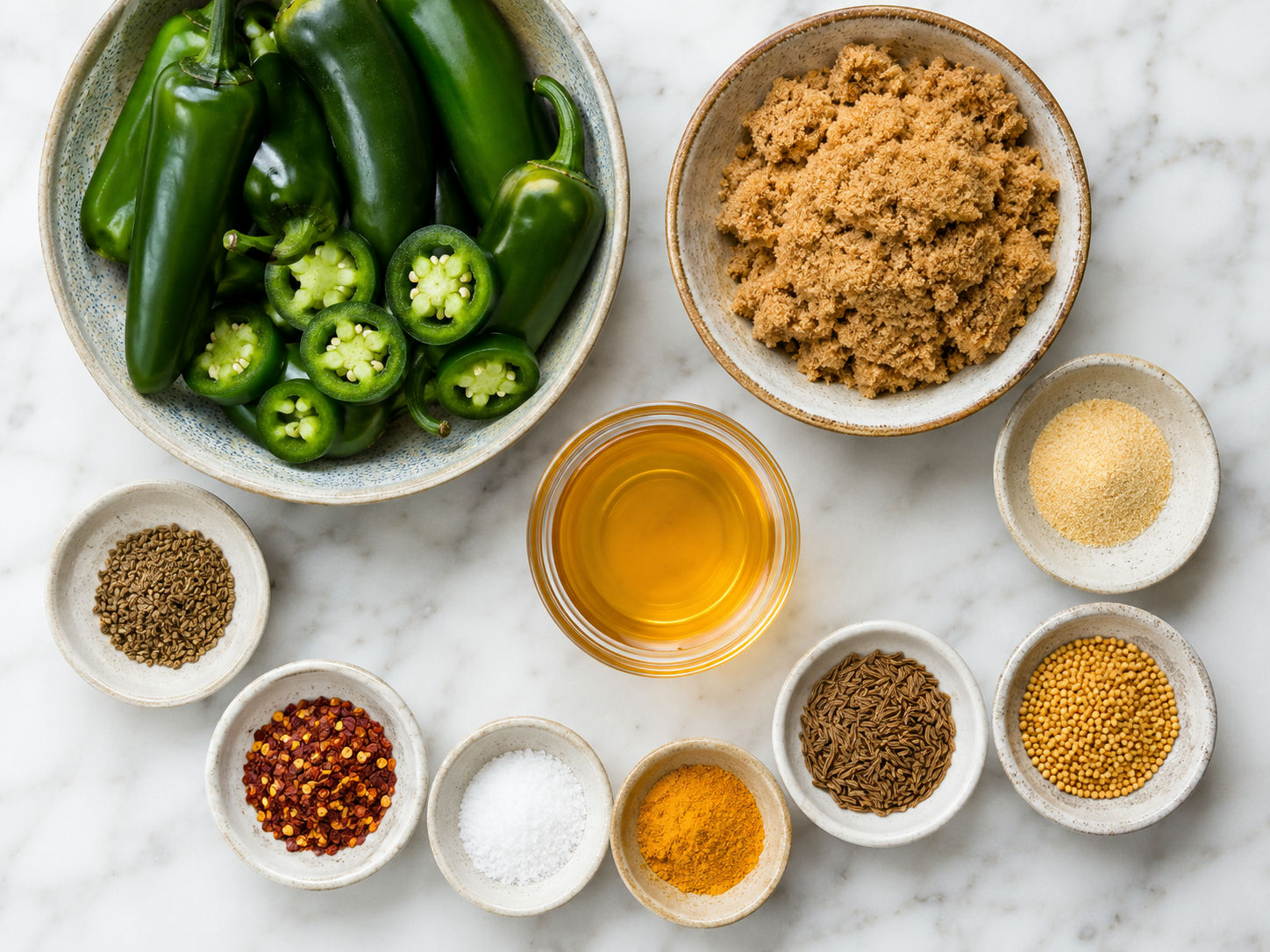 Fresh jalapeños, brown sugar, vinegar, spices, and jars for cowboy candy