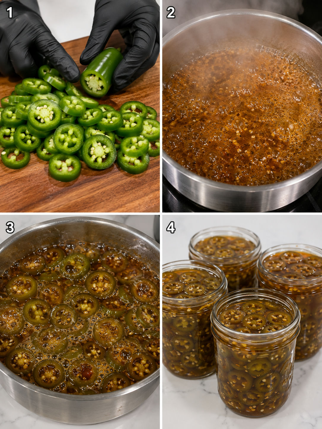 Four steps for making candied jalapeños from slicing to jarring