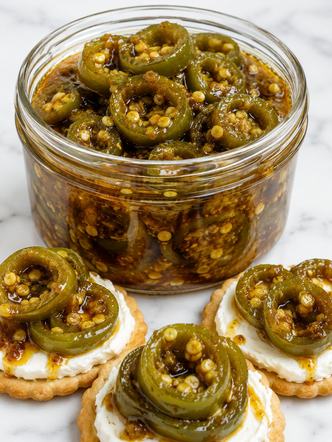 Glossy candied jalapeños in amber syrup with cream cheese and crackers