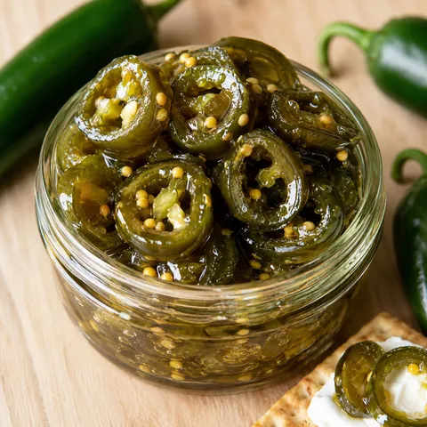 Glossy cowboy candy jalapeño rings in a glass jar with syrup