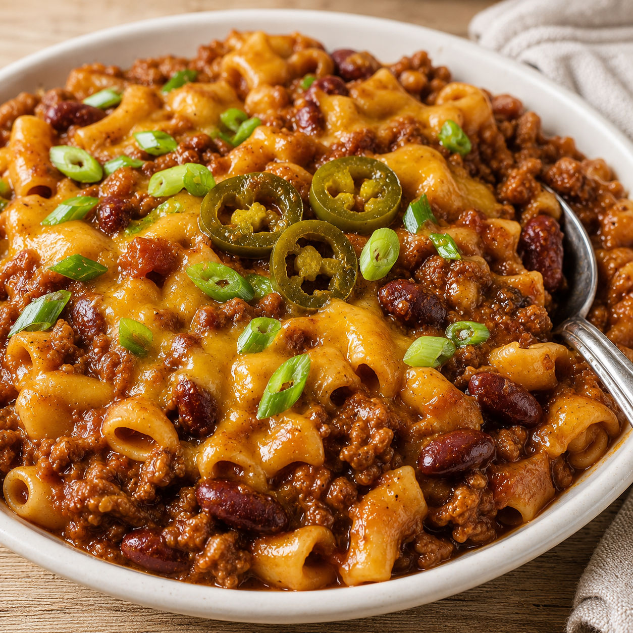 Cowboy Nudeln pasta with beef, beans, cheddar, and scallions