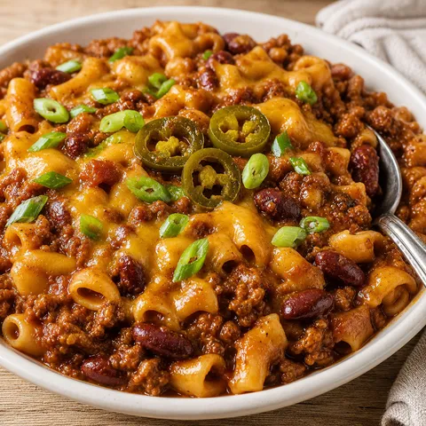 Cowboy Nudeln pasta with beef, beans, cheddar, and scallions