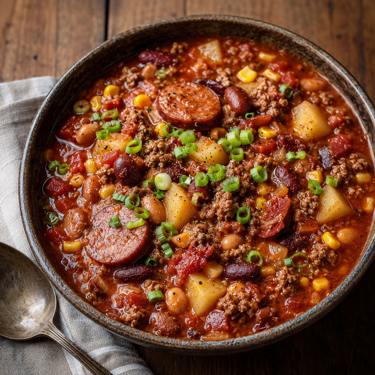 Cowboy Stew with sausage, potatoes, beans, corn and green onions
