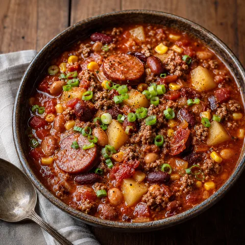 Cowboy Stew with sausage, potatoes, beans, corn and green onions