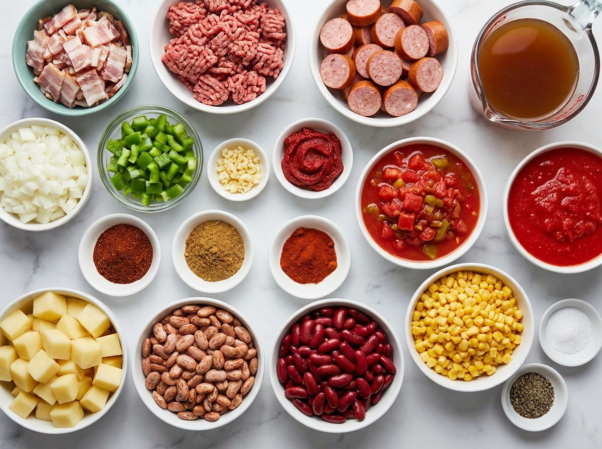 Raw ingredients for Cowboy Stew with beef, sausage, beans, corn and potatoes
