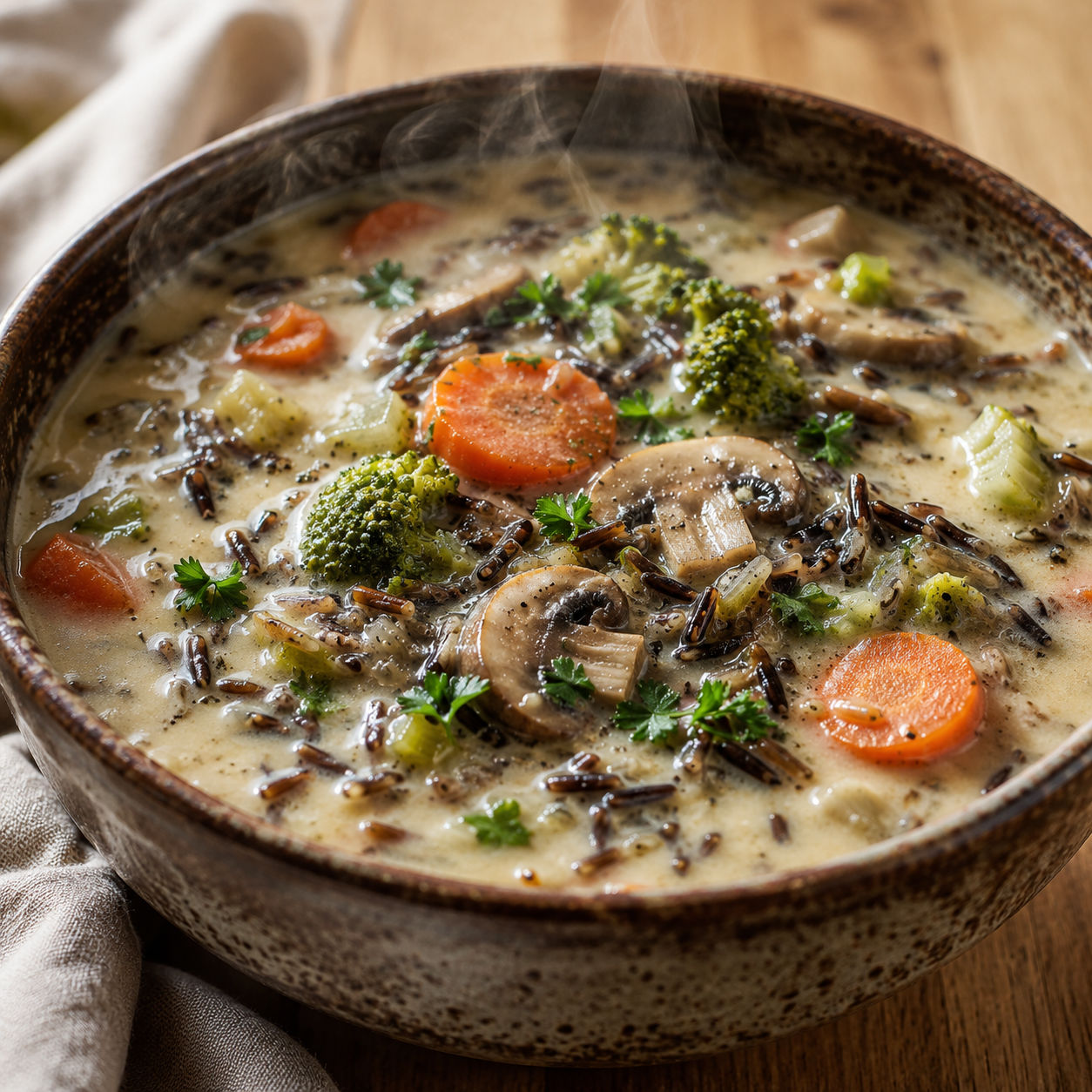 Cozy autumn wild rice soup with vegetables and parsley in a rustic bowl