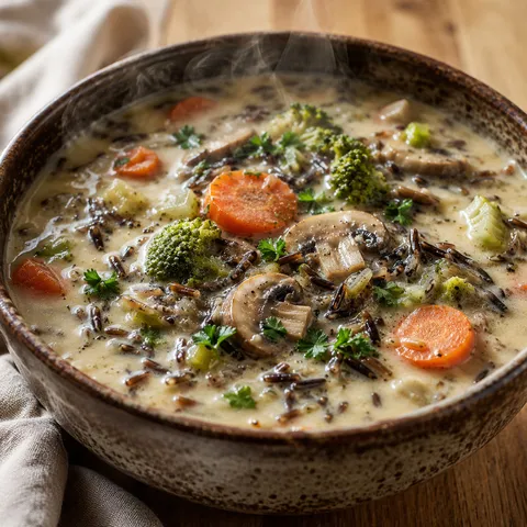 Cozy autumn wild rice soup with vegetables and parsley in a rustic bowl