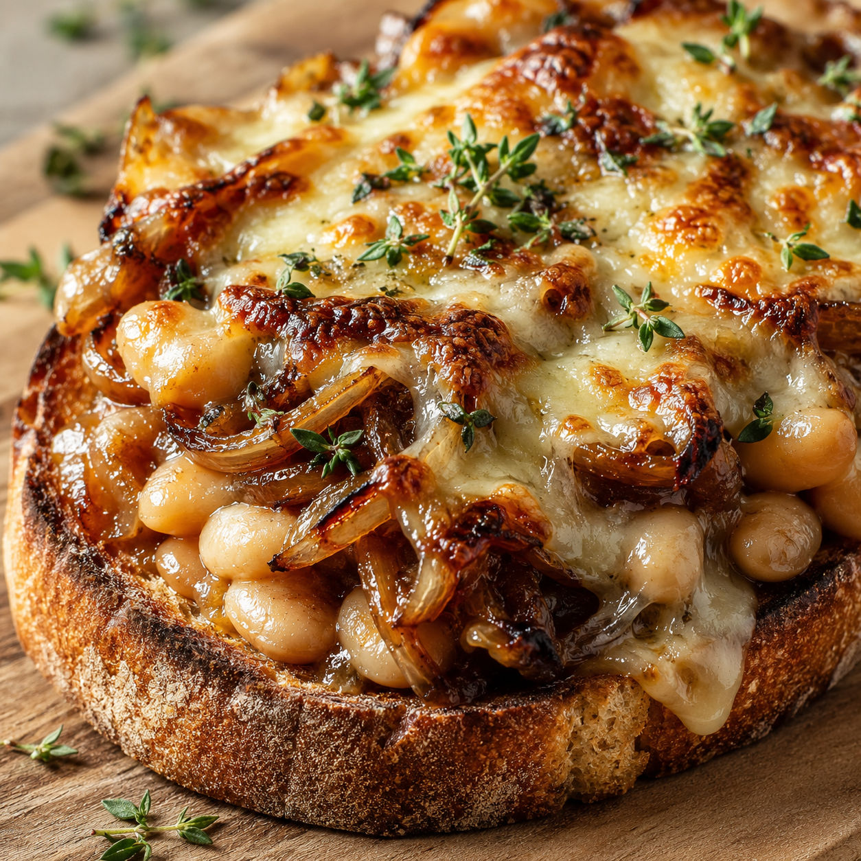 French onion bean toast with caramelized onions, white beans and melted Gruyere
