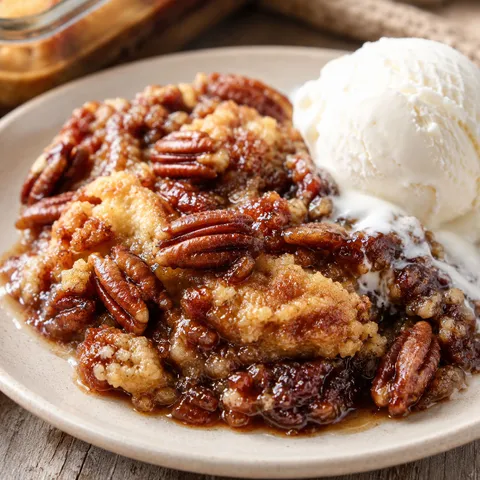 Warm pecan pie dump cake with toasted pecans and vanilla ice cream