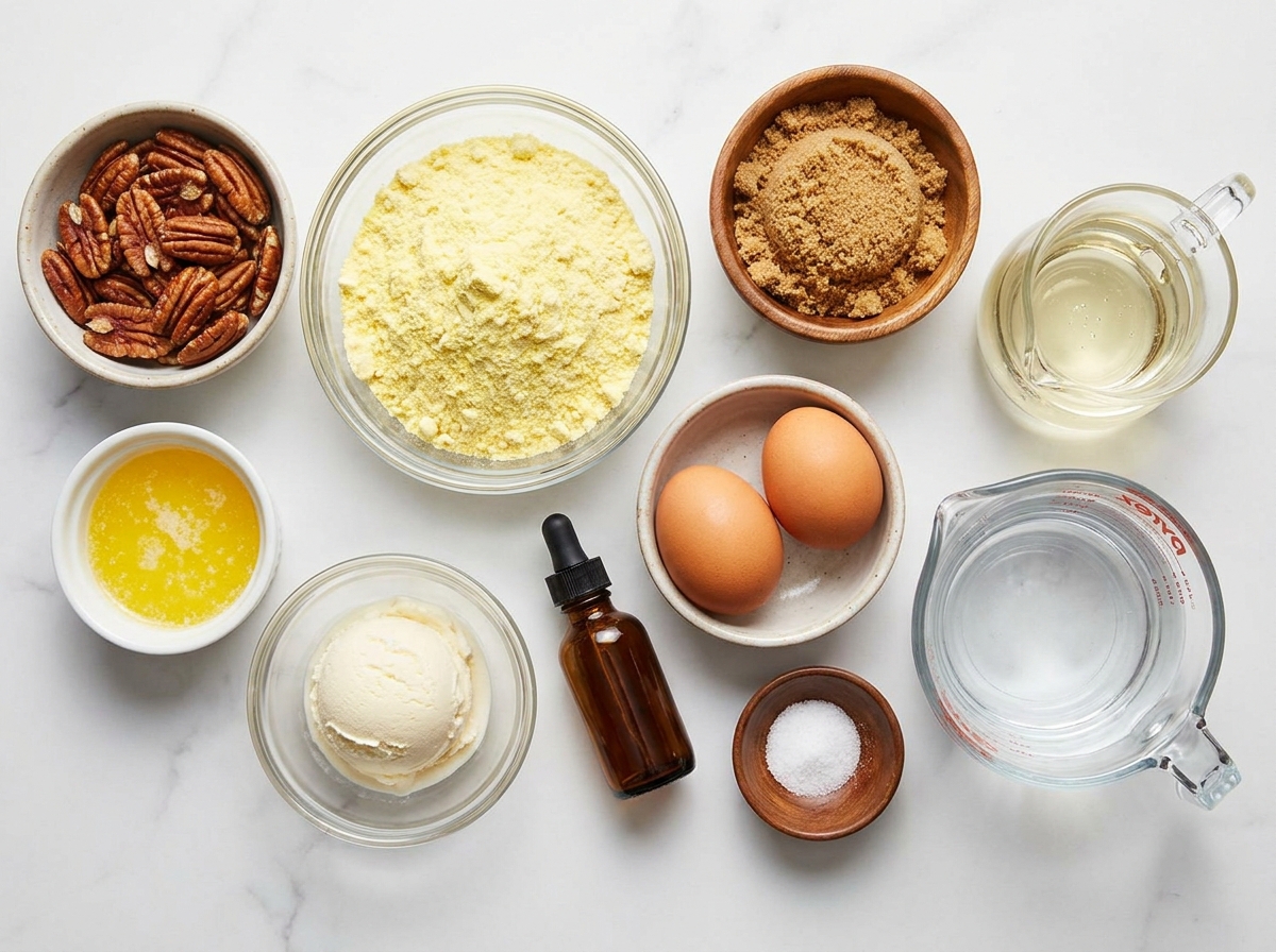 Ingredients for pecan pie dump cake with pecans, cake mix, butter, eggs, and syrup