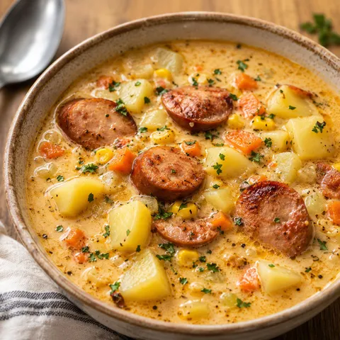 Creamy potato kielbasa soup with carrots, corn, and parsley
