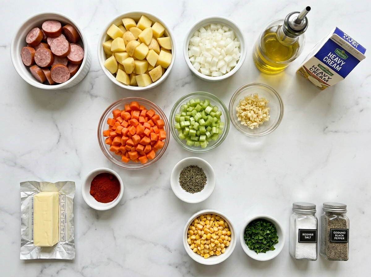 Ingredients for potato kielbasa soup on a wooden kitchen surface