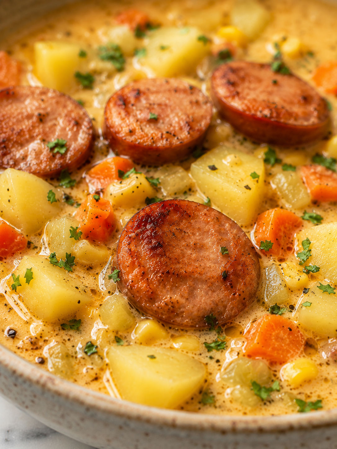 Cozy Potato Kielbasa Soup, plated and served