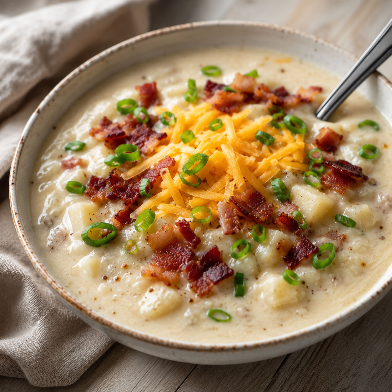 Creamy potato bacon soup with cheddar and green onions in a white bowl