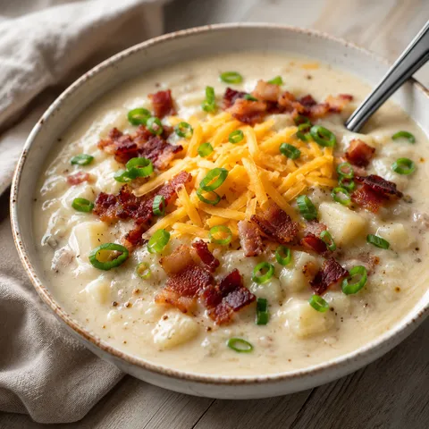 Creamy potato bacon soup with cheddar and green onions in a white bowl