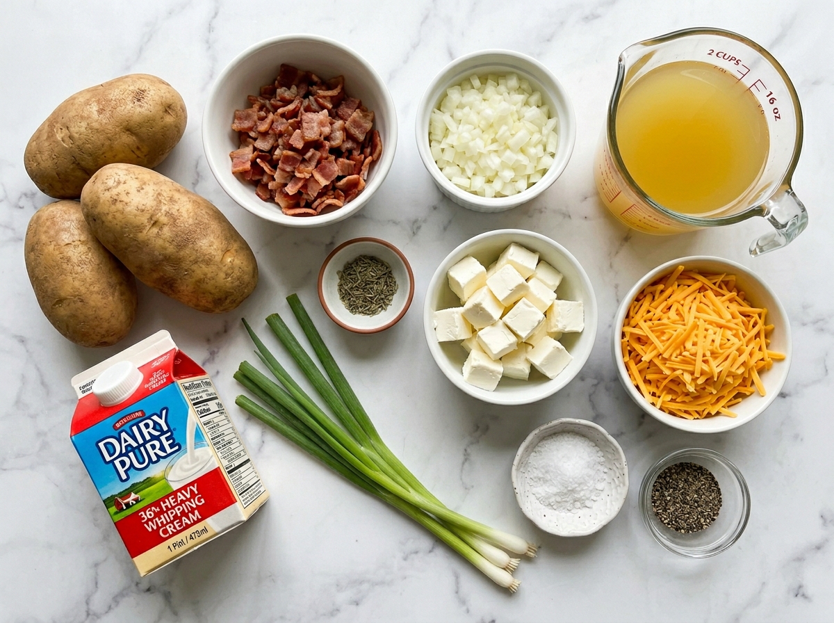 Potatoes, bacon, cheese, cream, onion, garlic, and broth for soup