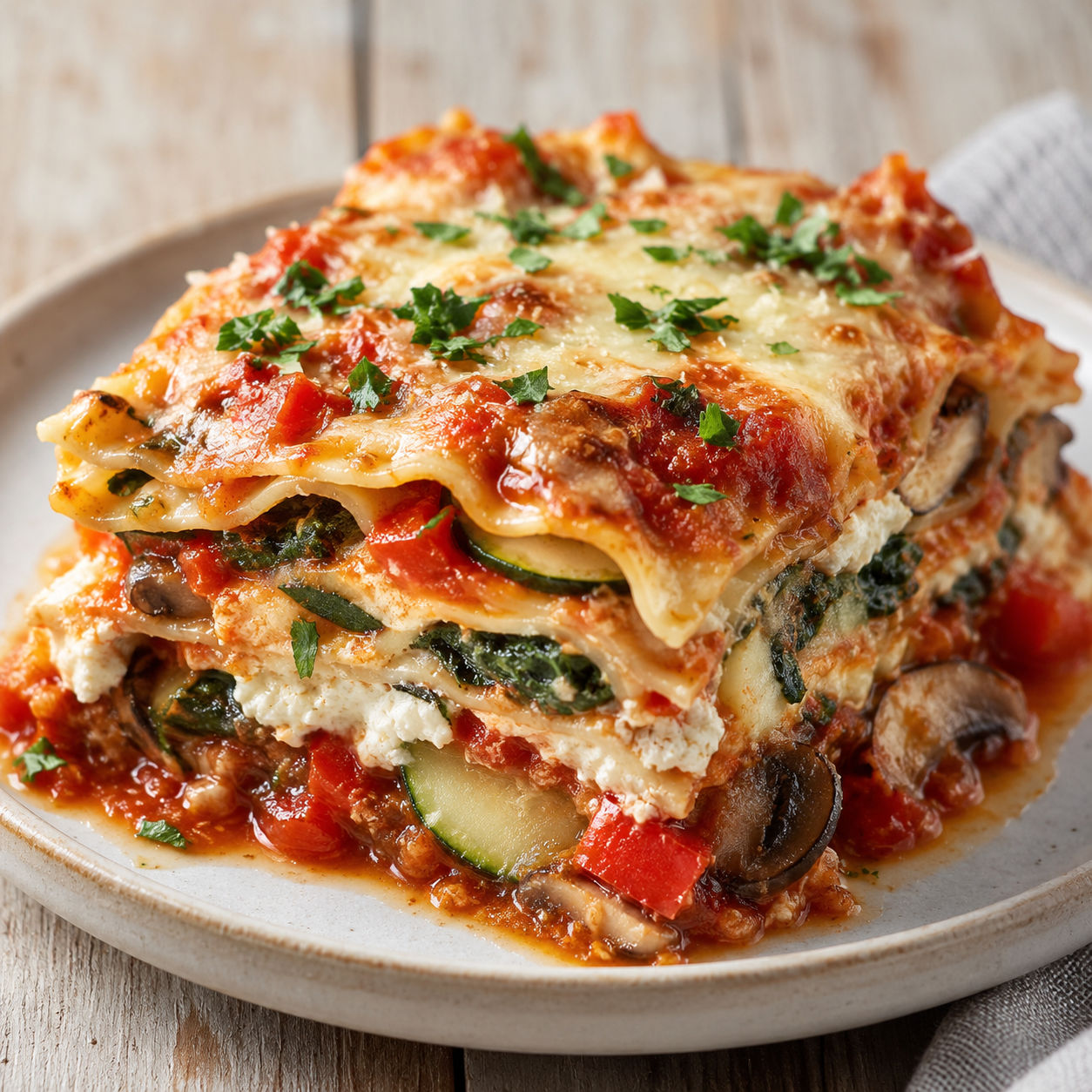 Slow cooker vegetable lasagna slice with spinach, zucchini, and melted cheese