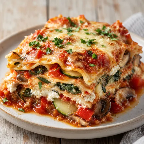 Slow cooker vegetable lasagna slice with spinach, zucchini, and melted cheese