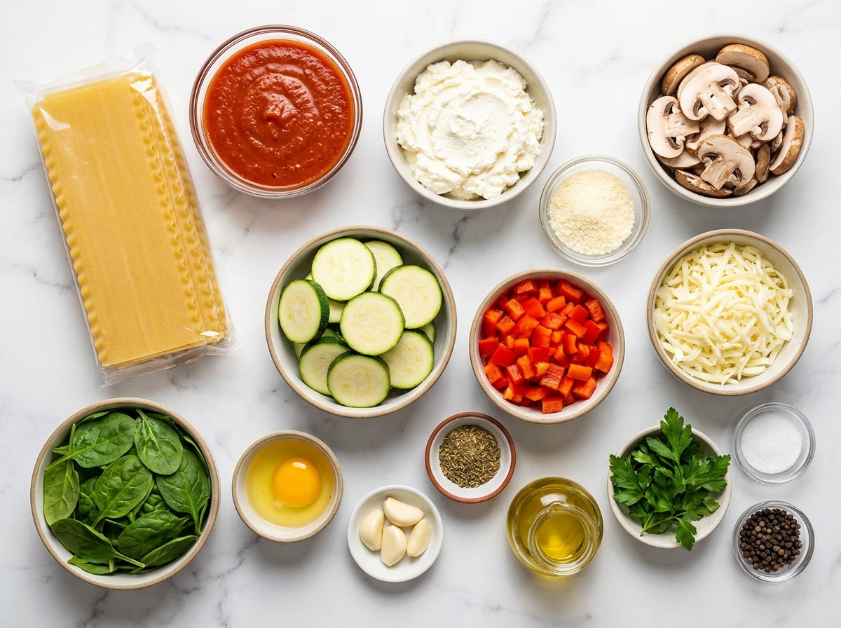 Ingredients for slow cooker vegetable lasagna with noodles, cheese, and vegetables
