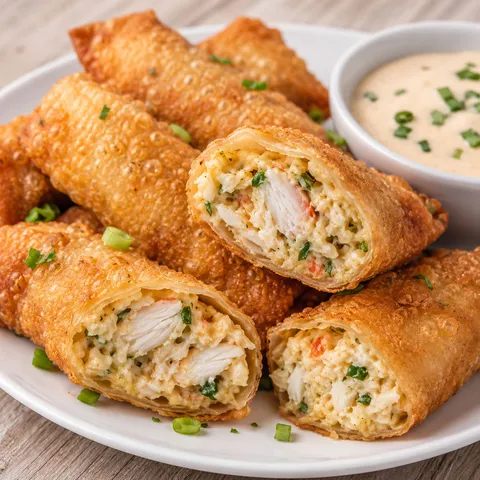 Golden fried crab cake egg rolls with creamy lump crab filling on a white plate