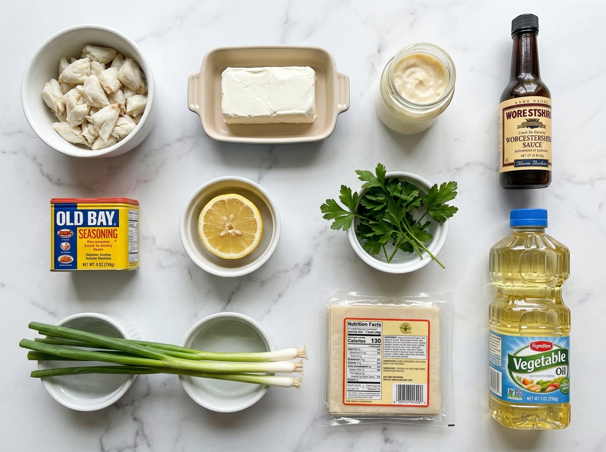 Raw ingredients for crab cake egg rolls on a wooden surface
