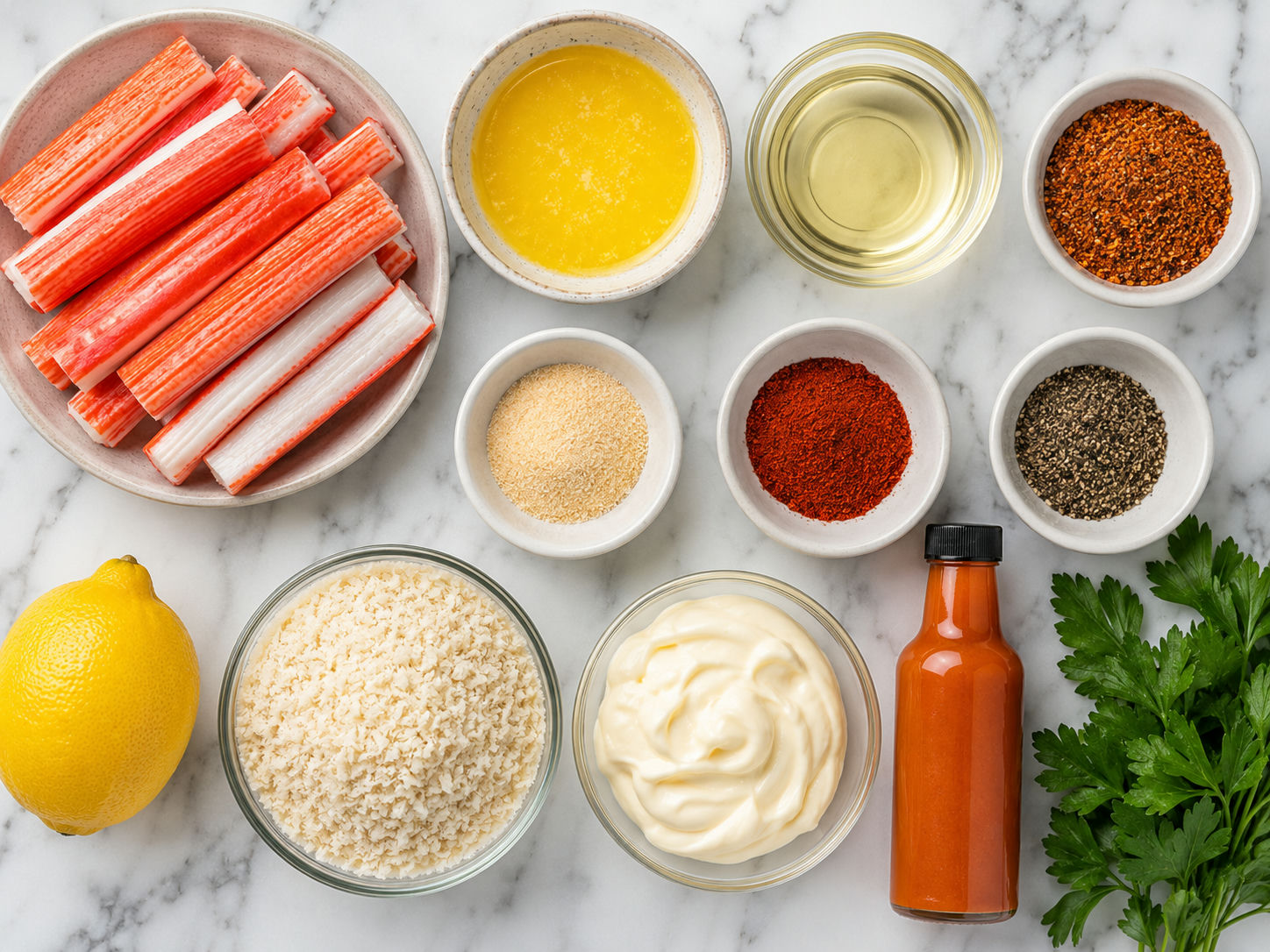 Ingredients for Crab Crunchies with imitation crab, panko, lemon, and seasonings