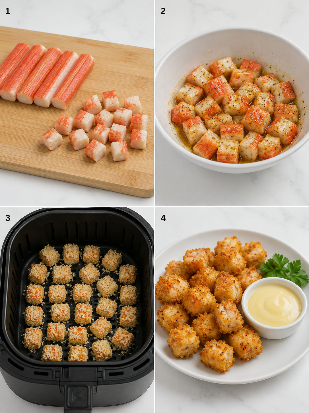 Four steps for making Crab Crunchies from cutting to serving