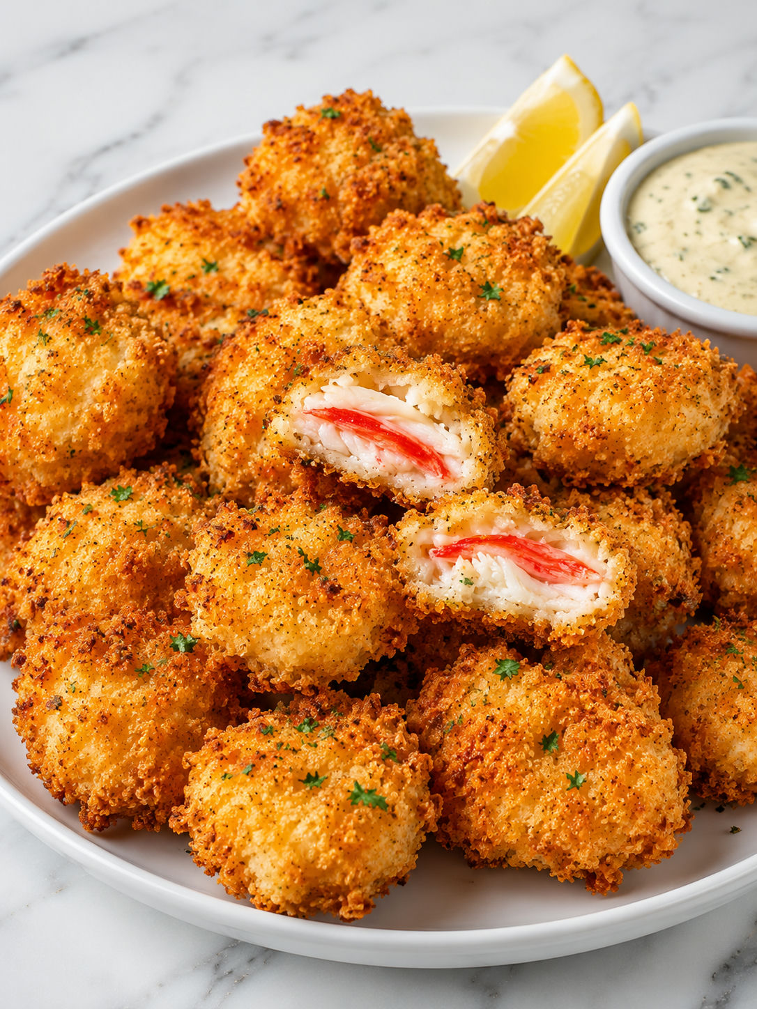 Crispy Crab Crunchies piled with lemon wedges and parsley