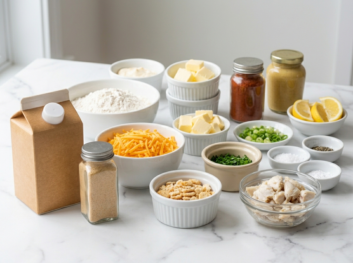 Ingredients for crab stuffed cheddar biscuits with lemon and butter