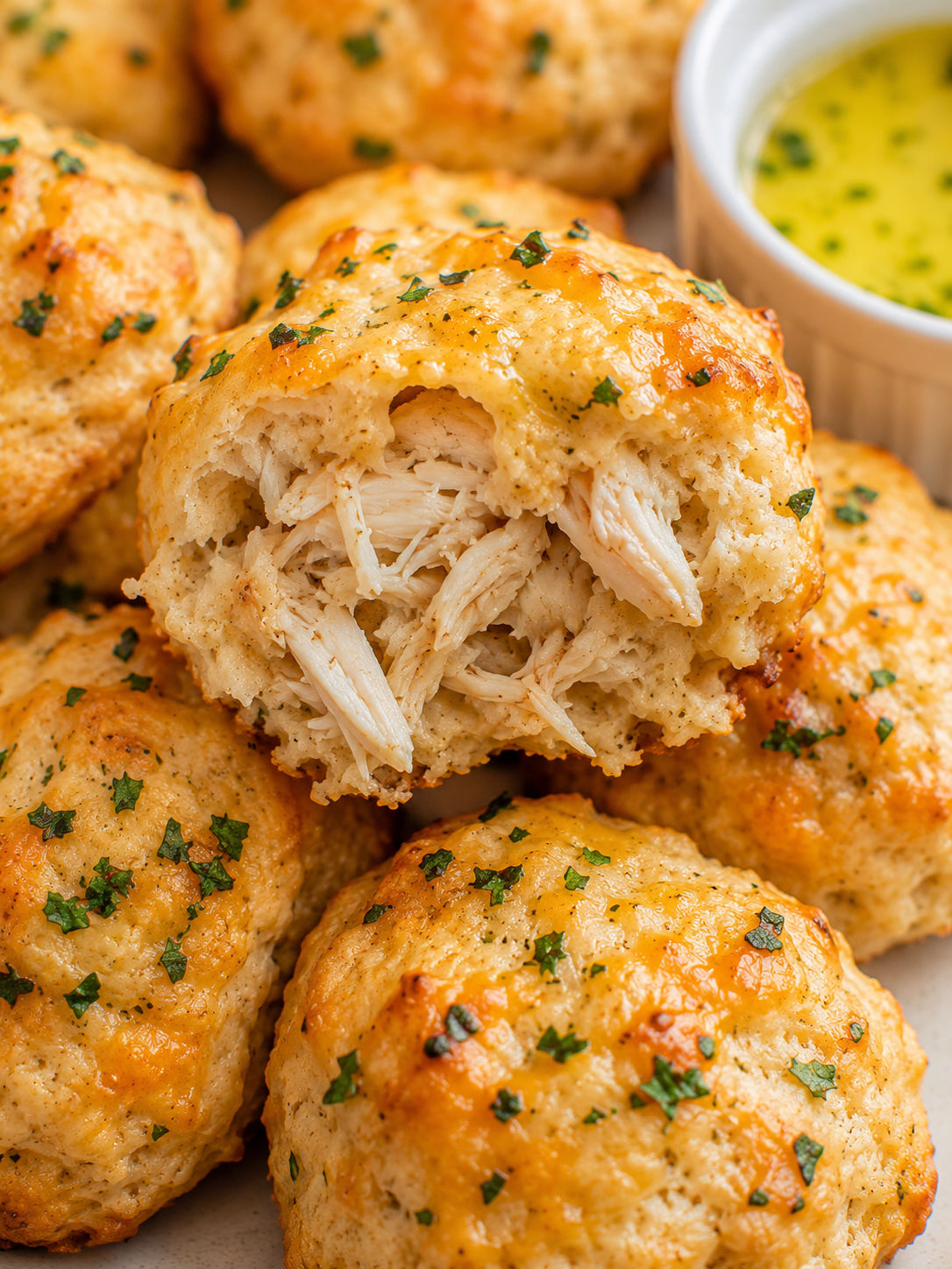 Crab Stuffed Cheddar Bay Biscuits with Lemon Butter, plated and served