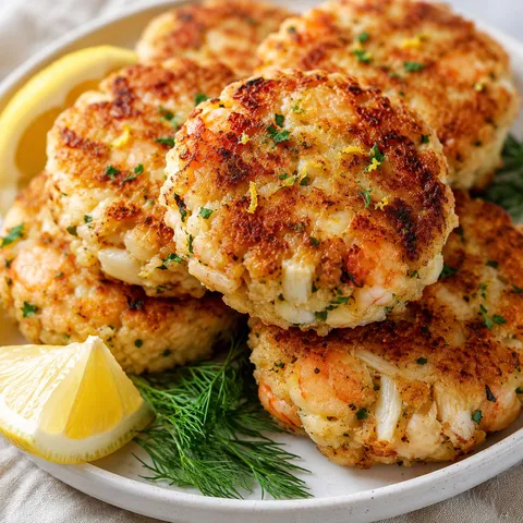 Golden pan-fried crab and shrimp cakes with lemon wedges and fresh dill
