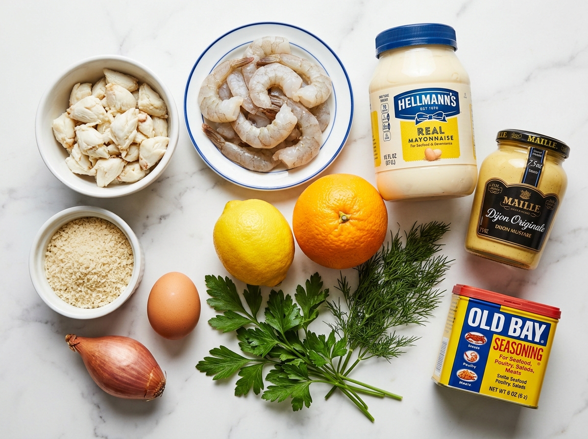 Raw crabmeat, shrimp, herbs, citrus, and breadcrumbs for seafood cakes