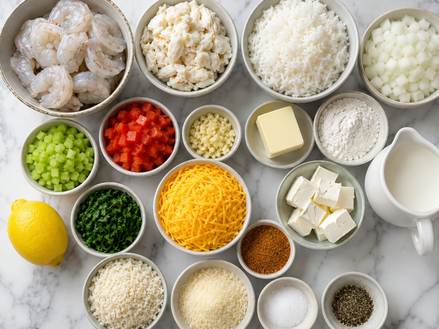 Ingredients for Crab and Shrimp Casserole with rice, cheese, and seafood