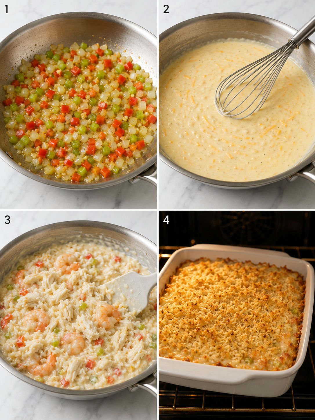 Four steps for making Crab and Shrimp Casserole from sauce to baking