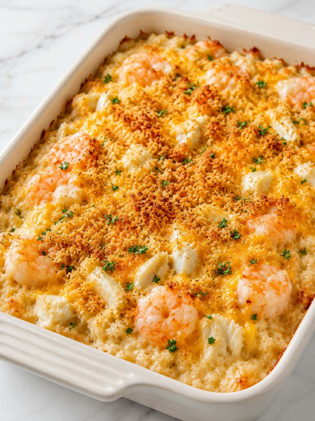 Creamy Crab and Shrimp Casserole serving with golden crumbs and lemon