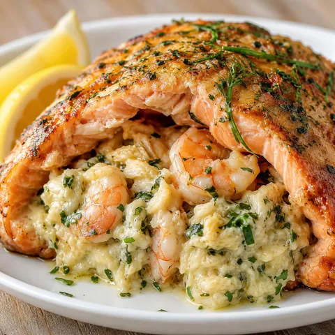 Crab and shrimp stuffed salmon with herbs, cream cheese, and lemon