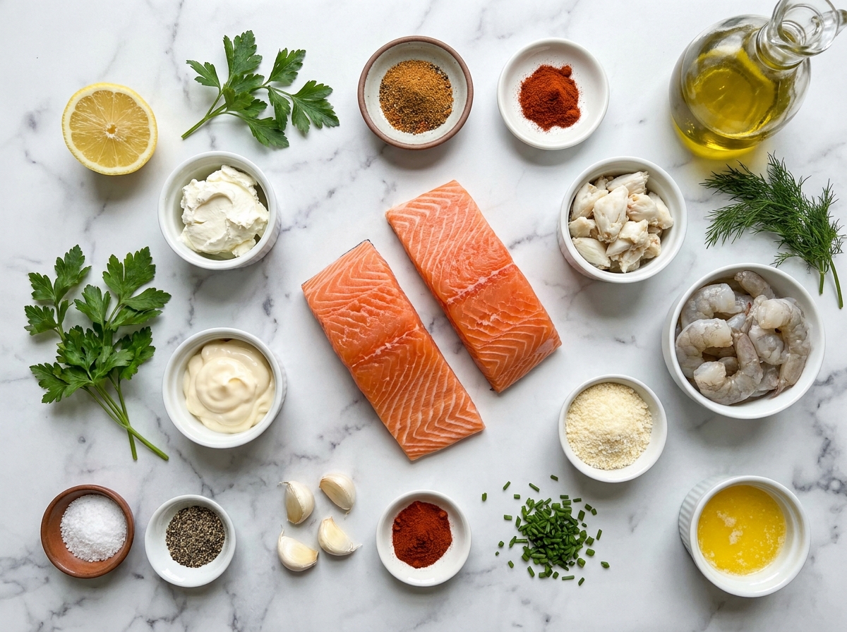 Ingredients for crab and shrimp stuffed salmon with herbs and cream cheese