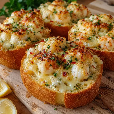 Crabby shrimp garlic bread bombs with melty cheese and parsley