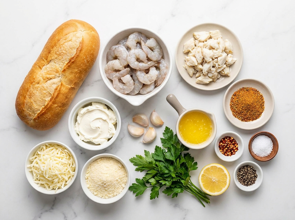 Ingredients for crabby shrimp garlic bread bombs with cheese