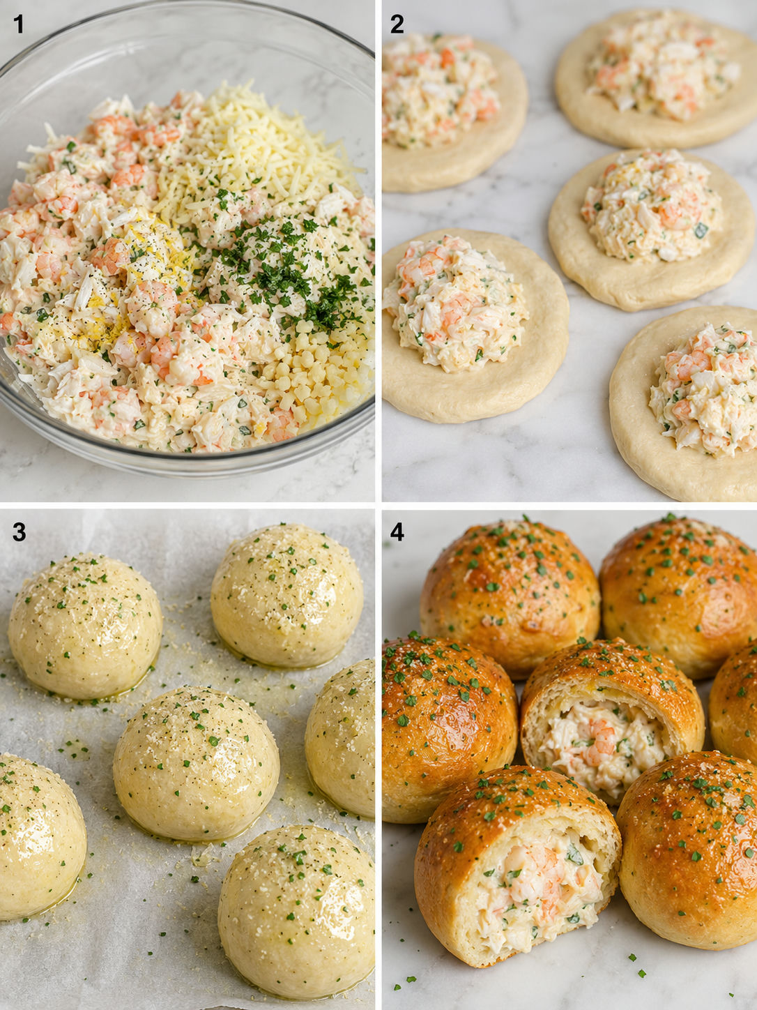 Steps for mixing, filling, brushing, and baking shrimp crab bread bombs