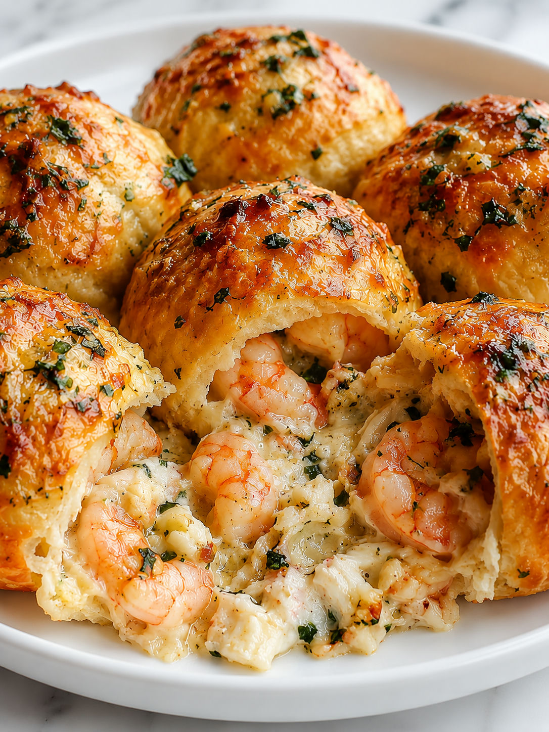 Shrimp and crab garlic bread bombs pulled open with melted cheese