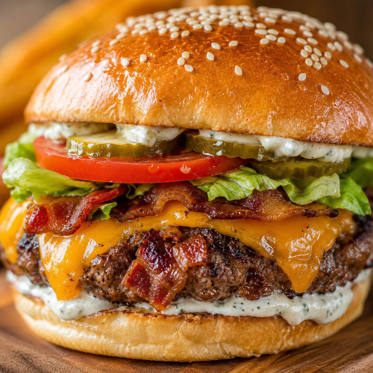 Crack burger with cheddar, bacon, lettuce, tomato, pickles, and ranch sauce